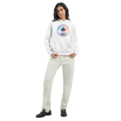 Urban Palm Trees Hoodie on a woman: white hoodie with colorful palm logo, front pouch pocket, drawstring hood.