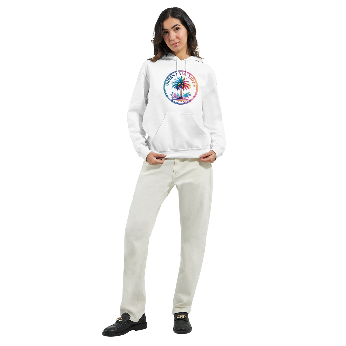 Urban Palm Trees Hoodie on a woman: white hoodie with colorful palm logo, front pouch pocket, drawstring hood.
