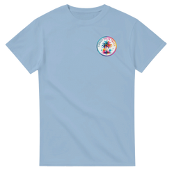 Light blue short sleeve t-shirt featuring a colorful circular Urban Palm Trees logo on the chest.