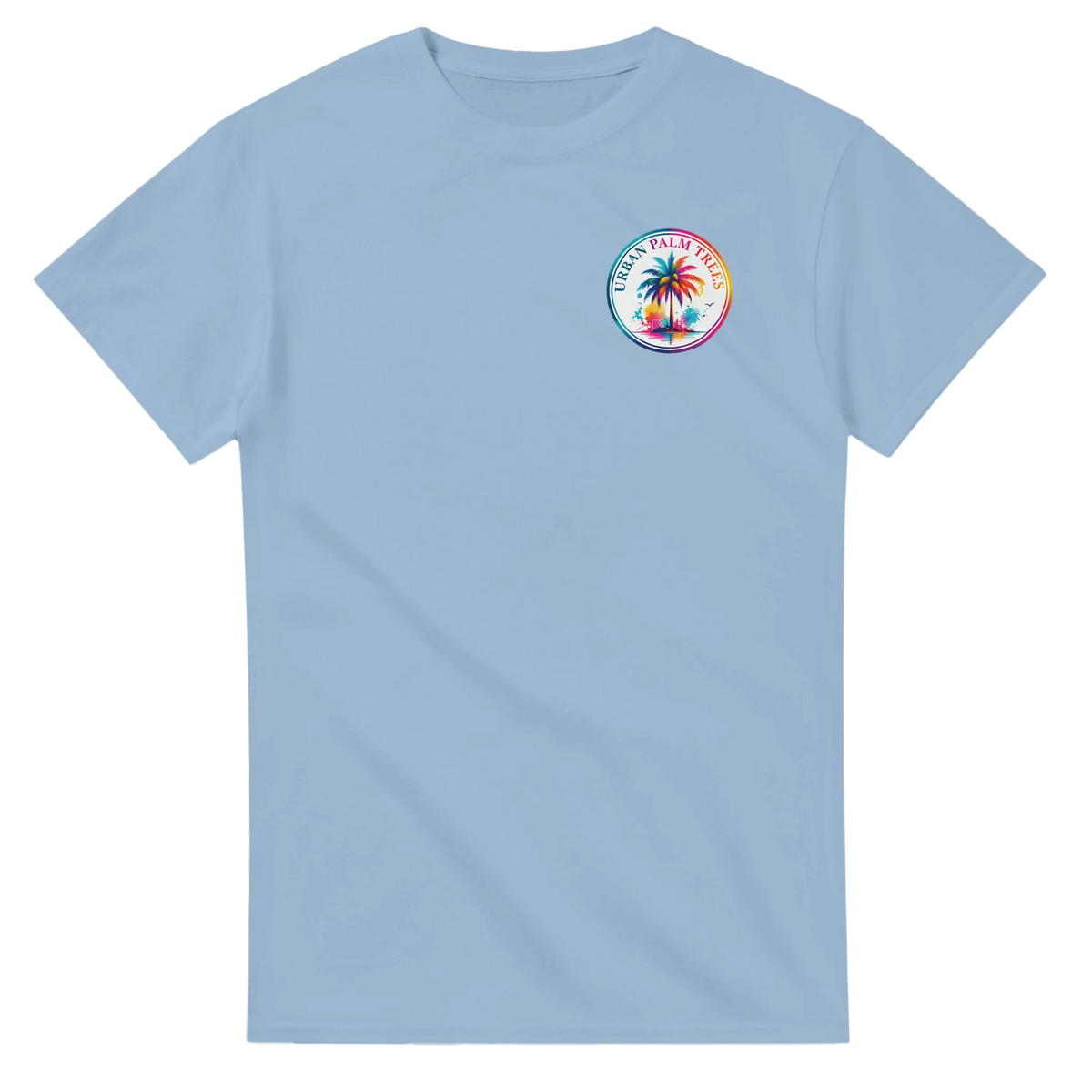 Light blue short sleeve t-shirt featuring a colorful circular Urban Palm Trees logo on the chest.