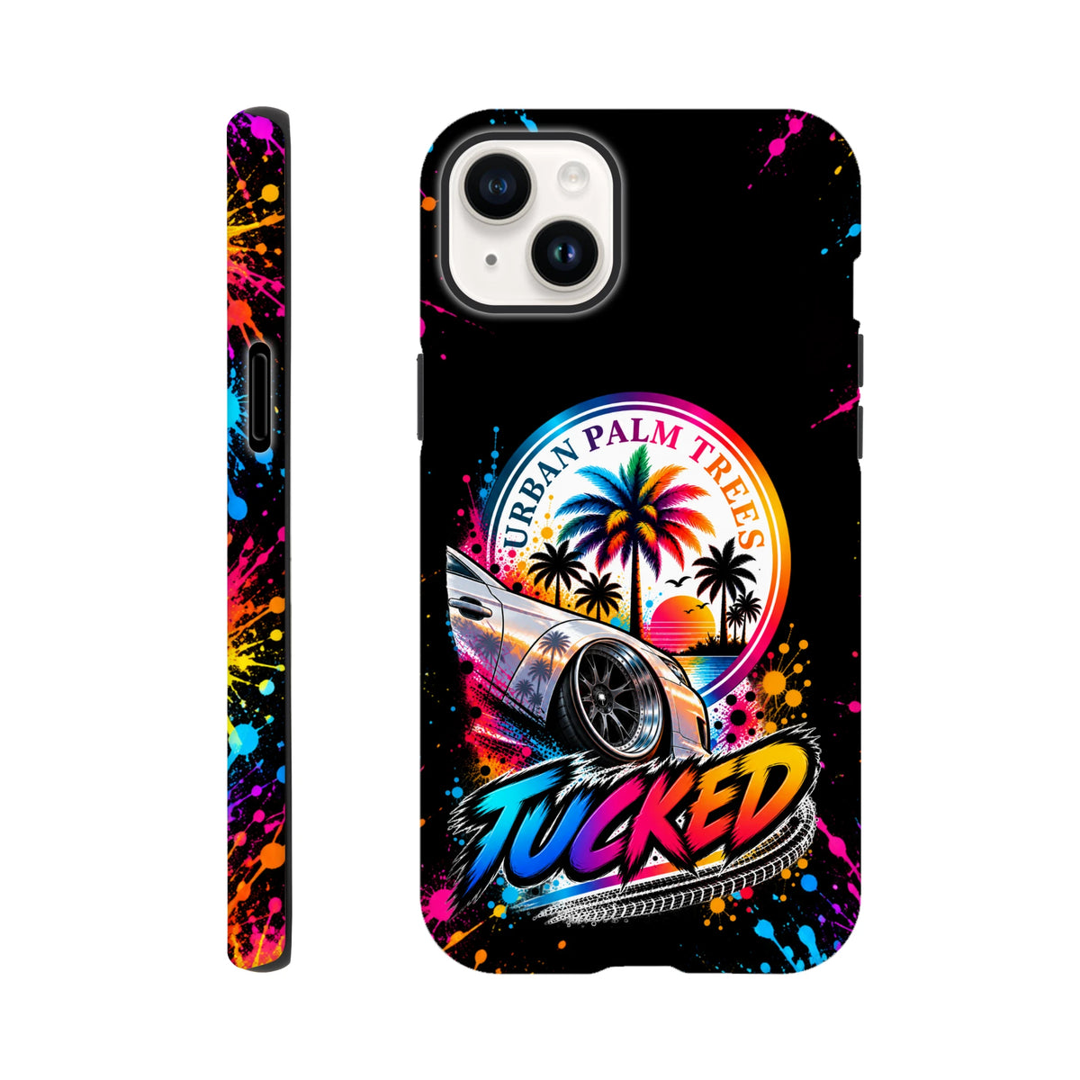 Tucked modified car iPhone case featuring lowered silver vehicle, Urban Palm Trees graphic, and vibrant neon paint splatters on black.