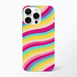 Rainbow wave retro stripe iPhone case featuring bold wavy colors and durable shock-absorbing TPU protection for daily use.