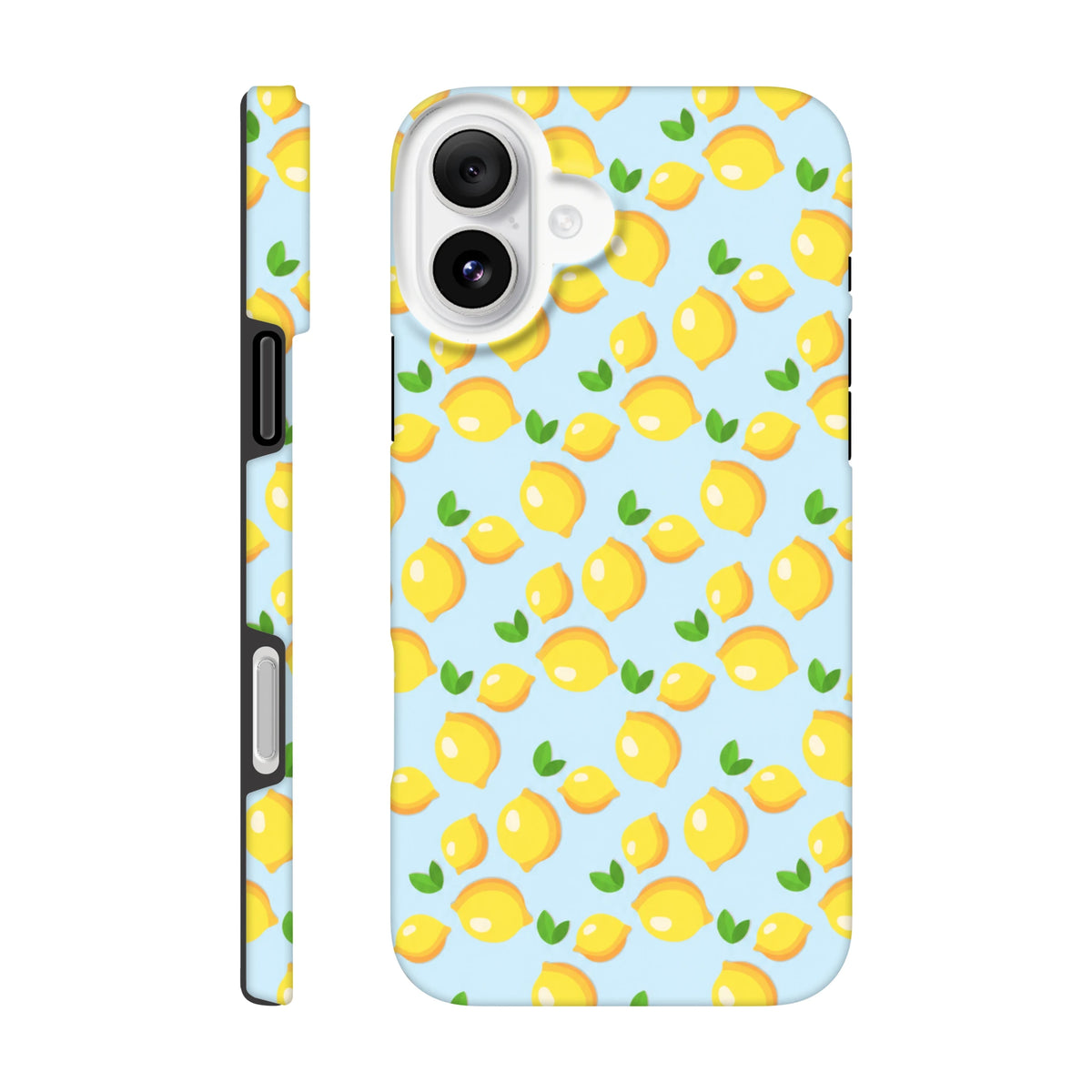 Cute lemon tough iPhone case featuring a fresh yellow fruit pattern with green leaves on a light blue background for models 13-16.