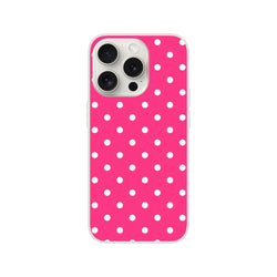 Retro hot pink and white polka dot iPhone case with matte finish and shock-absorbing TPU protection for models 13-16.