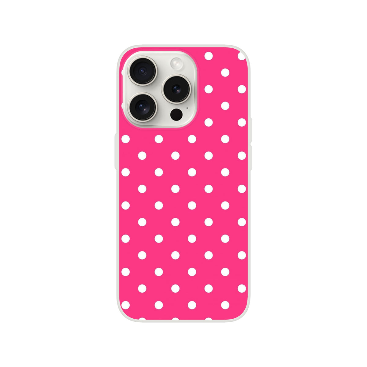 Retro hot pink and white polka dot iPhone case with matte finish and shock-absorbing TPU protection for models 13-16.