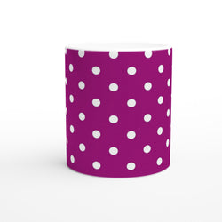 Retro purple ceramic mug with white polka dots. A spotty coffee cup ideal for daily tea, office use, or gifting.