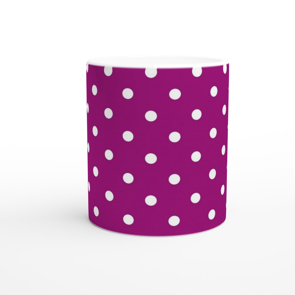 Retro purple ceramic mug with white polka dots. A spotty coffee cup ideal for daily tea, office use, or gifting.