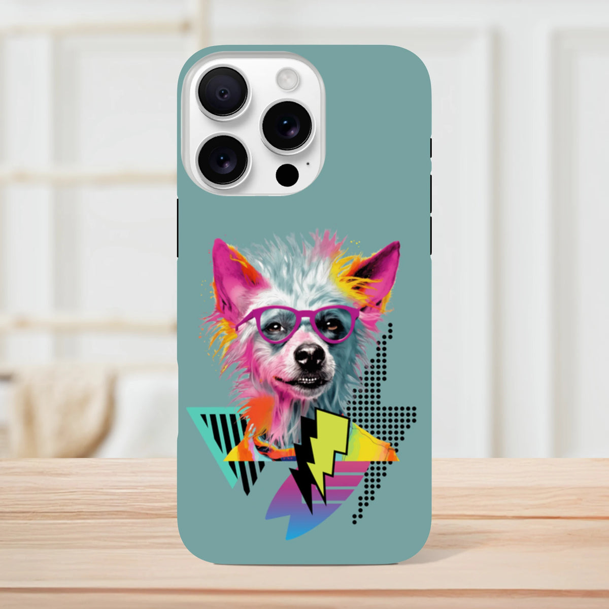 Teal tough iPhone case featuring a colorful retro pop art dog with pink glasses, lightning bolts, and geometric shapes.