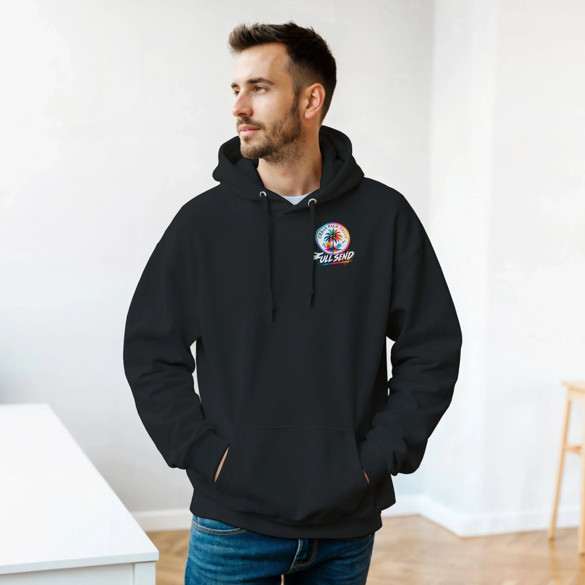 Black men's Drop A Gear hoodie featuring a colorful "Full Send" palm tree graphic, front pouch pocket, and hooded design for casual car culture style.