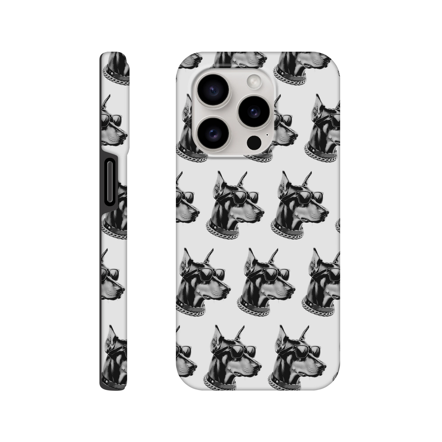 Gangster dog wraparound iPhone case with sunglasses-wearing dogs, dual-layer protection for iPhone 16–13.