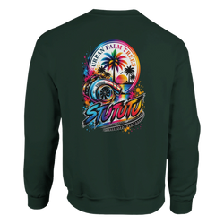 Dark green sweatshirt featuring a retro graphic of a turbocharger, palm trees, and colorful splatter art for petrolheads.