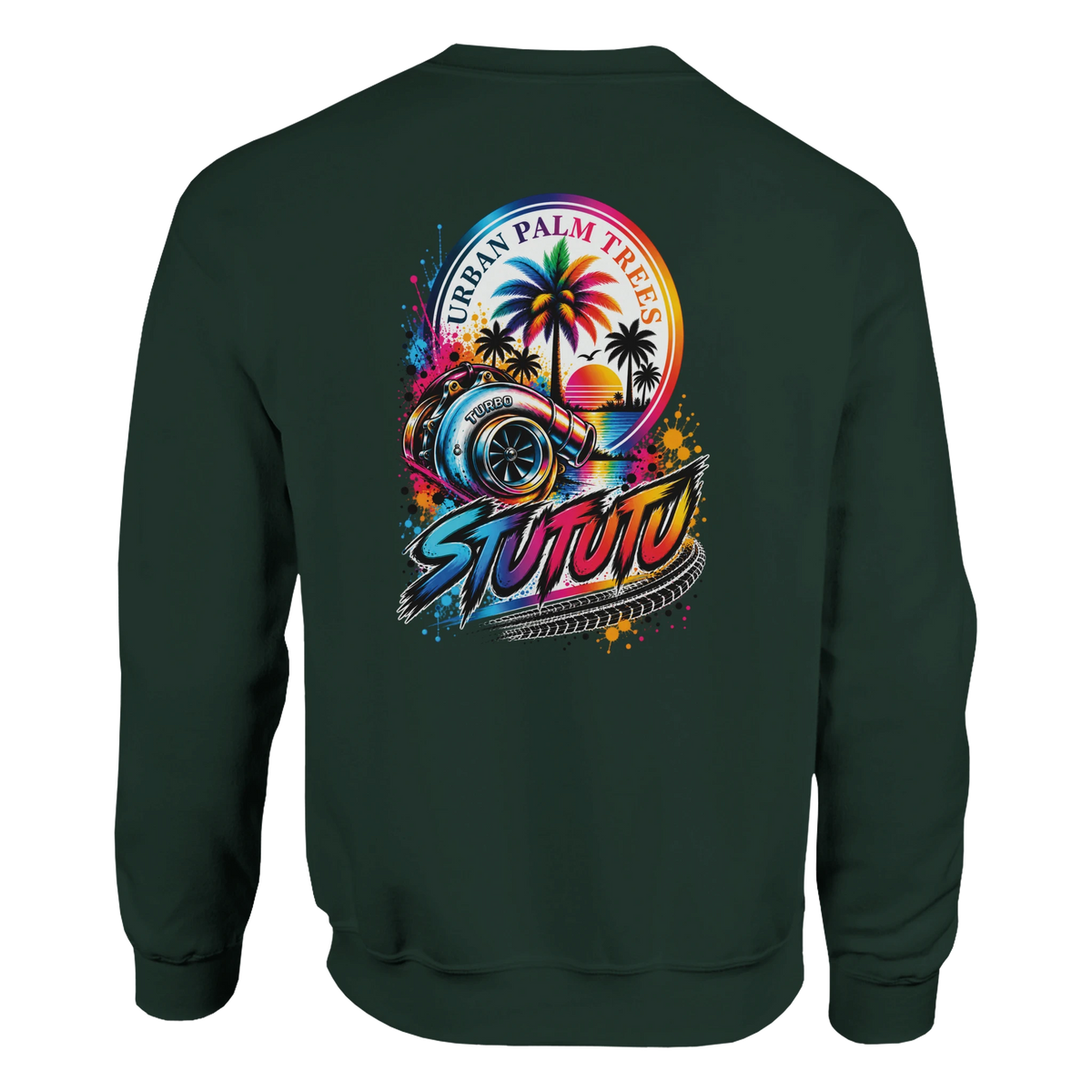 Dark green sweatshirt featuring a retro graphic of a turbocharger, palm trees, and colorful splatter art for petrolheads.