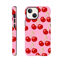 Pink iPhone case with cute red cherry pattern wraparound print, tough protective cover for daily carry