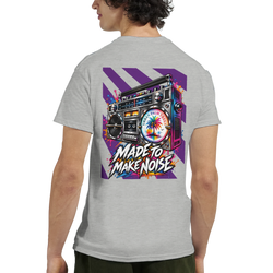 Retro boombox graphic back print tee for men featuring colorful synthwave art and "Made to Make Noise" text on a grey shirt.