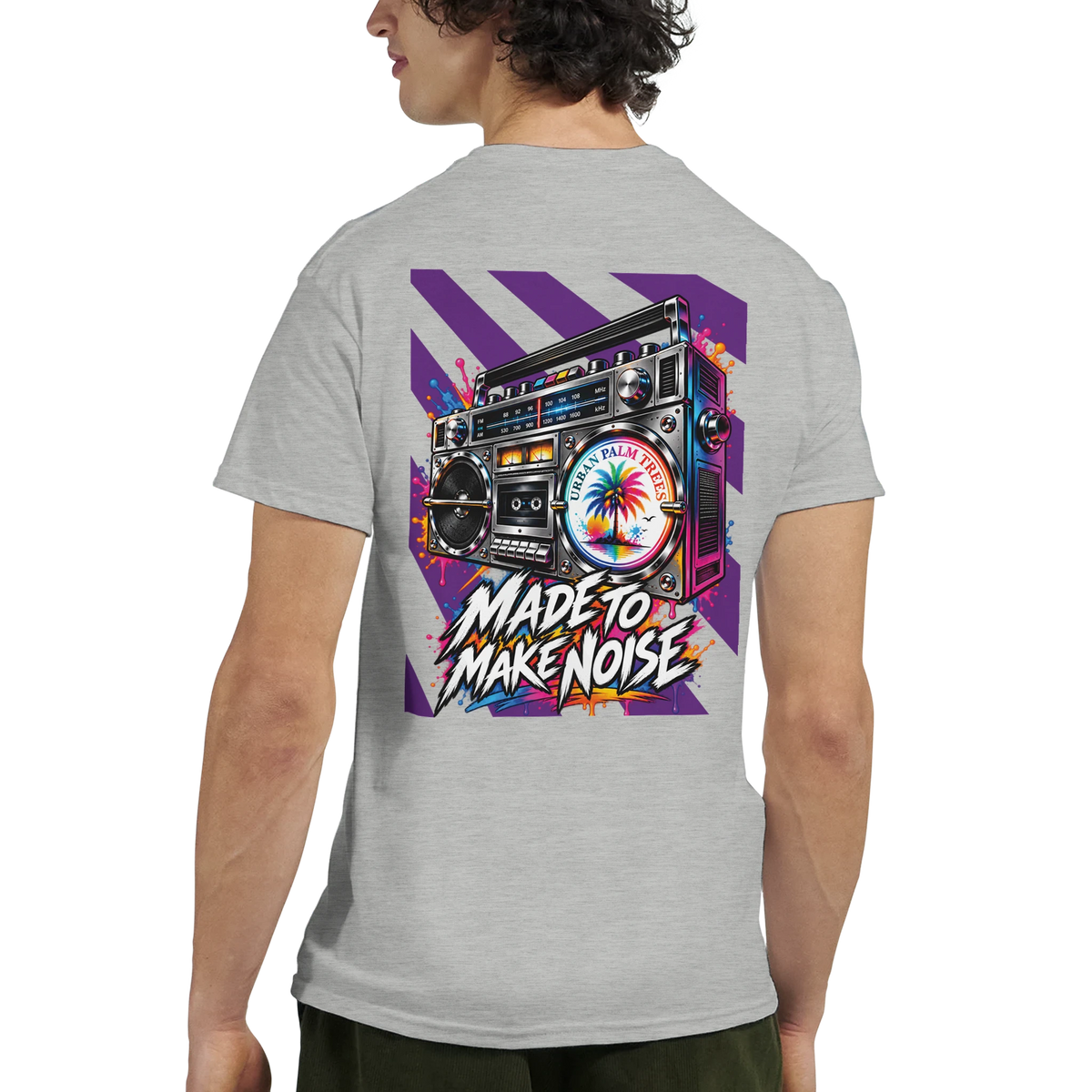 Retro boombox graphic back print tee for men featuring colorful synthwave art and "Made to Make Noise" text on a grey shirt.