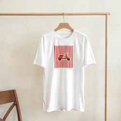 White vintage mod streetwear t-shirt featuring a retro orange scooter graphic on red vertical stripes.