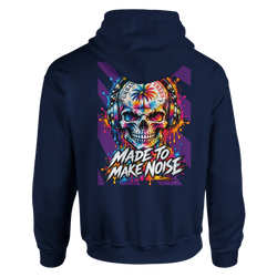 Navy blue hoodie back print features a colorful skull wearing headphones with "Made To Make Noise" retro graphic and paint splatter art.