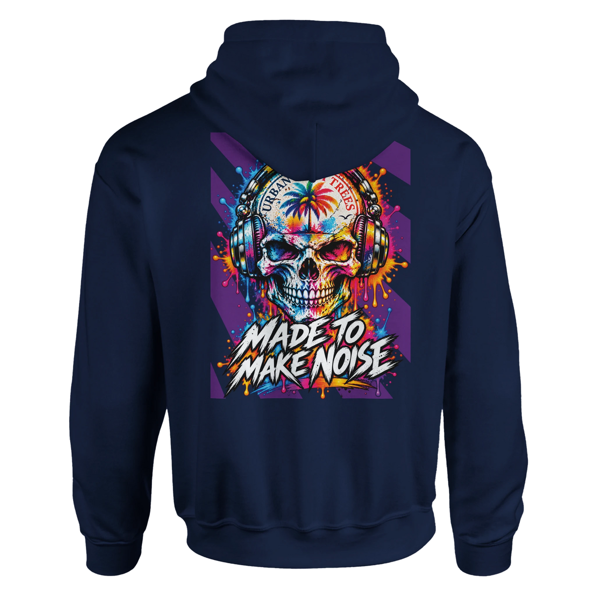 Navy blue hoodie back print features a colorful skull wearing headphones with "Made To Make Noise" retro graphic and paint splatter art.