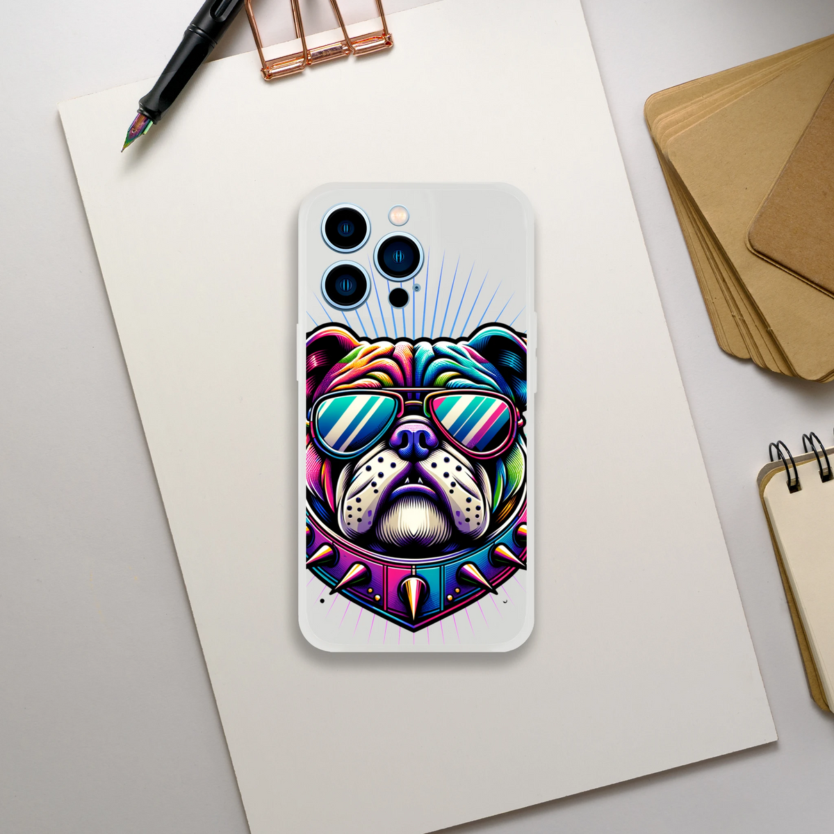 Bulldog phone case for iPhone 13–16: slim protective cover, transparent with neon bulldog art wearing sunglasses.