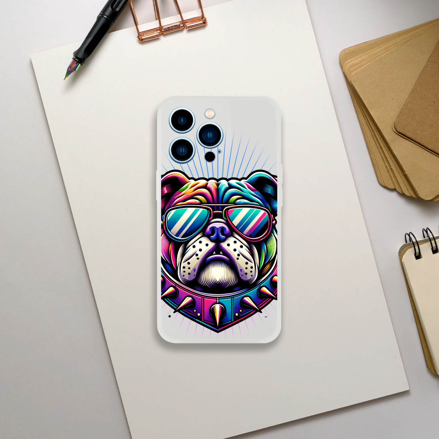 Bulldog phone case for iPhone 13–16: slim protective cover, transparent with neon bulldog art wearing sunglasses.