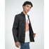 Male model wearing white Peace graphic T-shirt (heavyweight cotton blend) under black denim jacket.