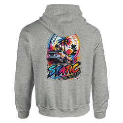 Grey men's hoodie featuring a vibrant back print of a slammed car, palm trees, and colorful static text.