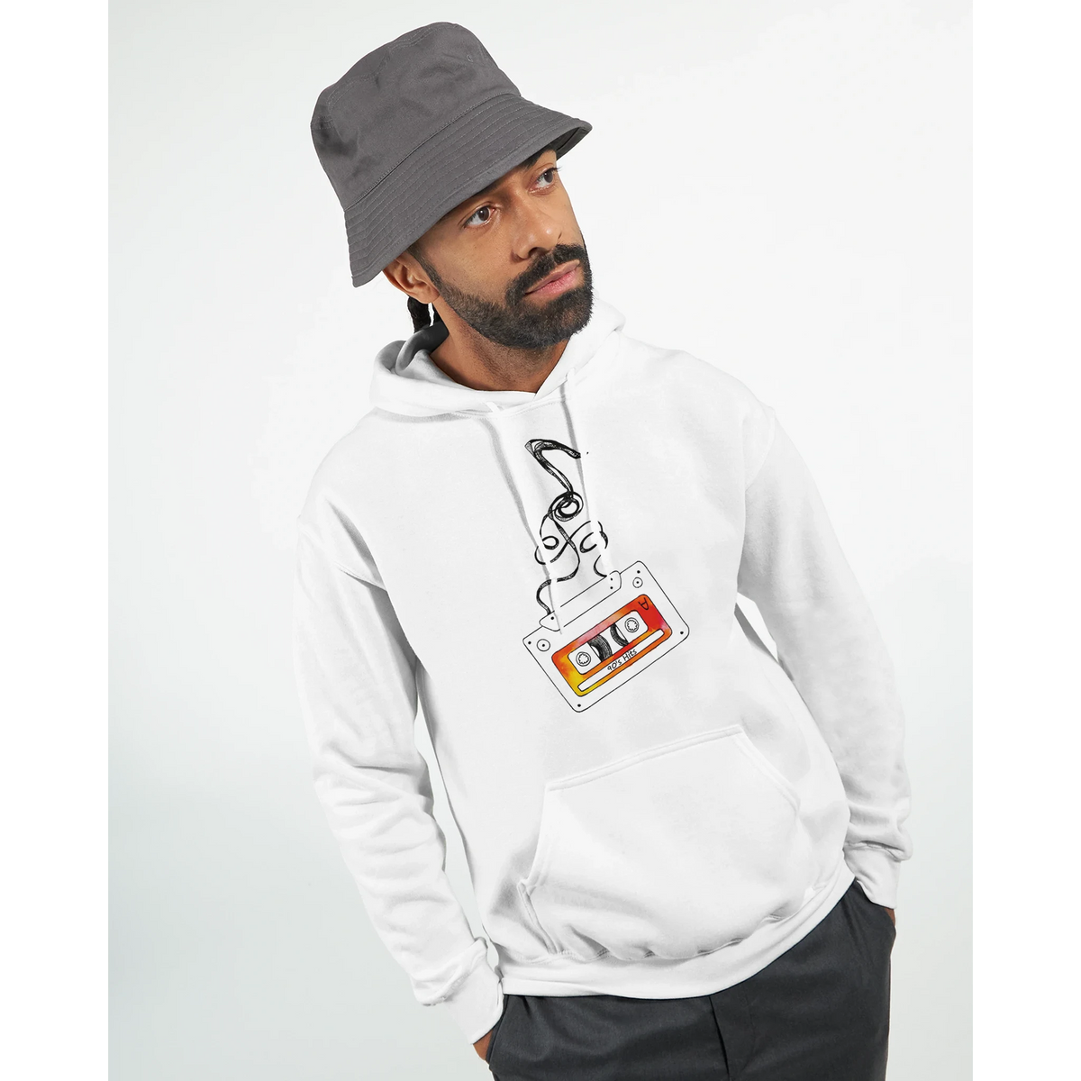 White men's hoodie featuring a vintage cassette tape graphic with spiraling audio tape. Retro music pullover with oversized fit and front pocket.