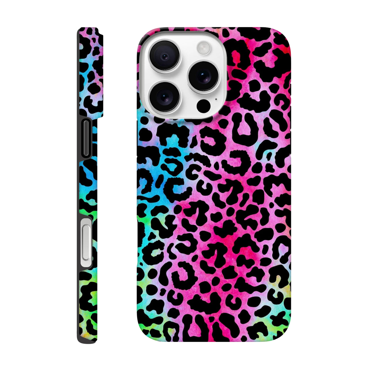 Vibrant rainbow leopard print tough iPhone case providing drop protection and bold animal print street style for iPhone 13-16.