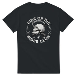 Black cotton blend T-shirt with a distressed skull and crossed pistons, Ride or Die Rider Club graphic.