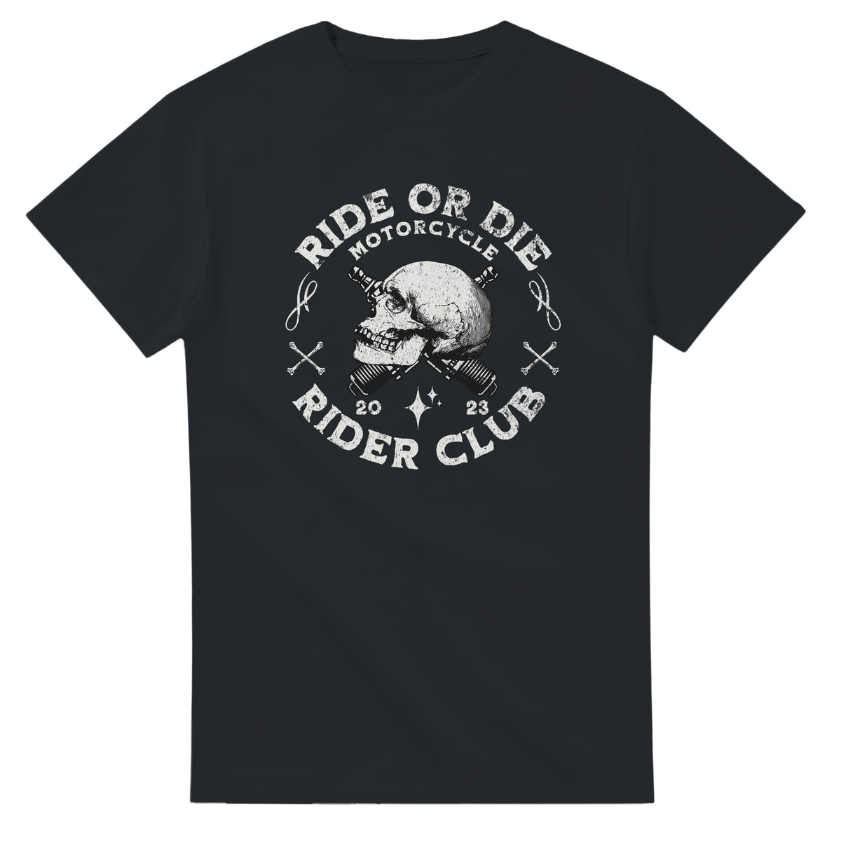 Black cotton blend T-shirt with a distressed skull and crossed pistons, Ride or Die Rider Club graphic.
