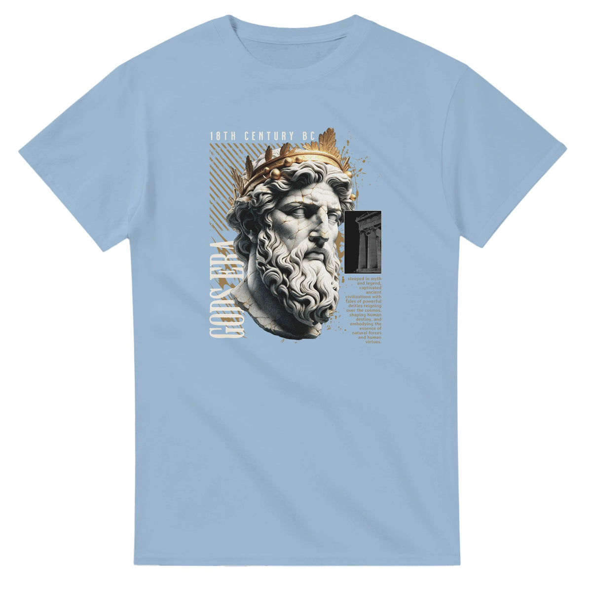 Gothic Gods men's graphic T-shirt featuring a bearded statue head, crown, and beige text on light blue cotton blend.