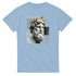 Gothic Gods men's graphic T-shirt featuring a bearded statue head, crown, and beige text on light blue cotton blend.