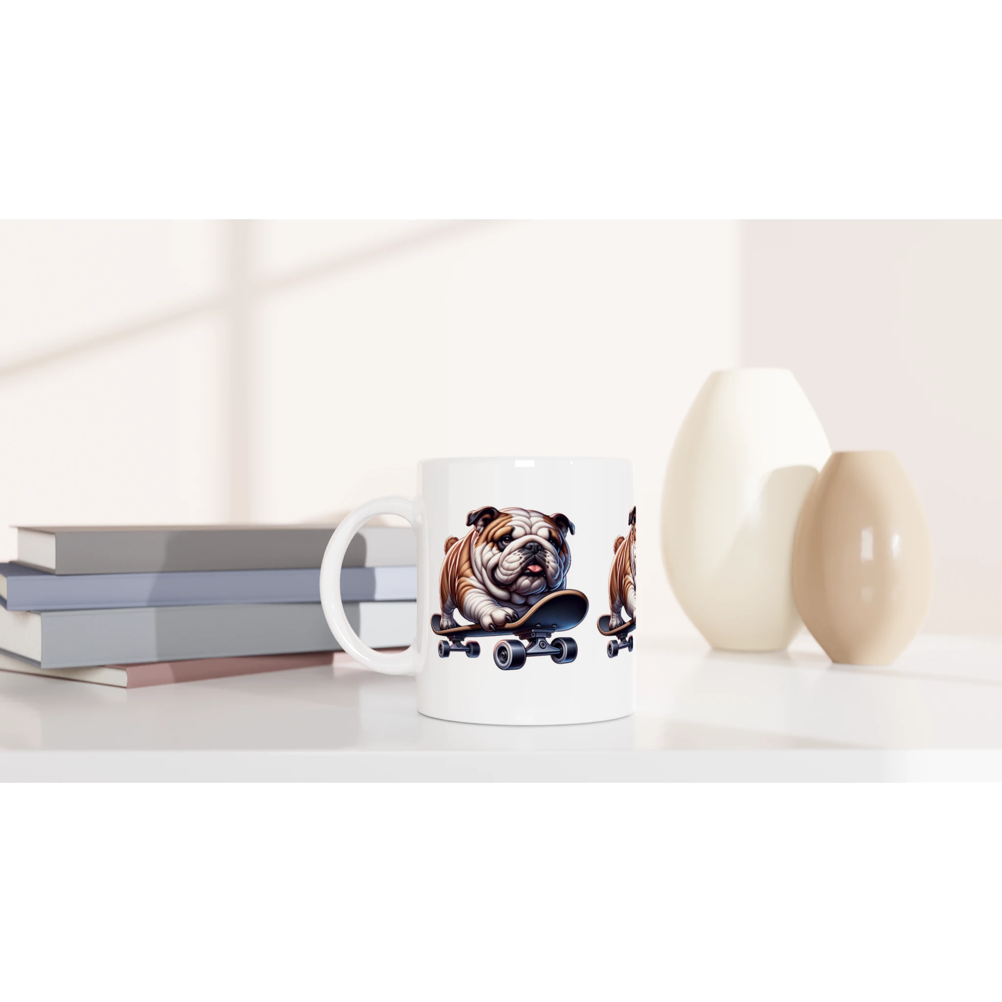 White ceramic mug with a skateboarding bulldog design, ideal gift for him.