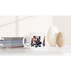 White ceramic mug with a skateboarding bulldog design, ideal gift for him.