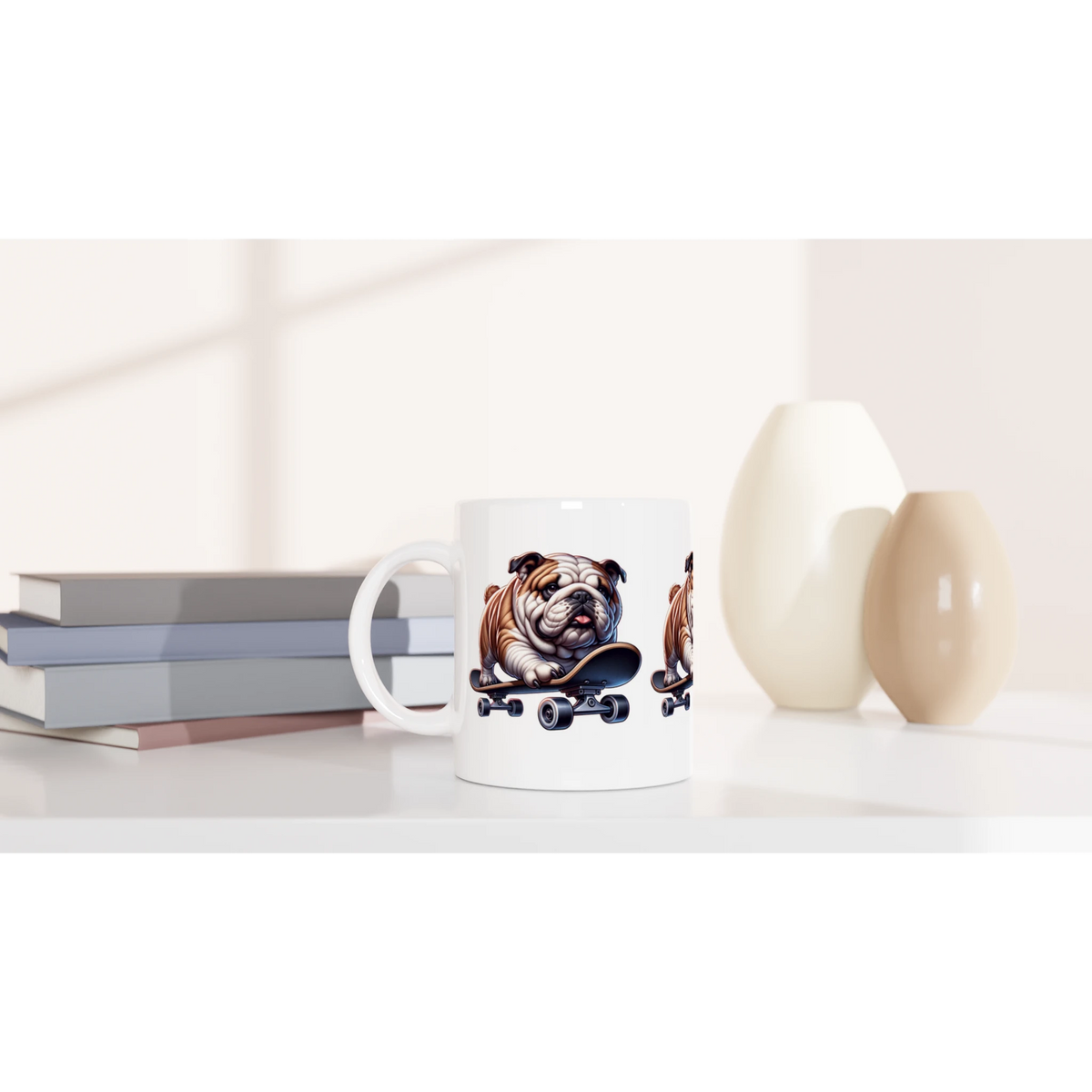 White ceramic mug with a skateboarding bulldog design, ideal gift for him.