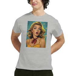 Man wearing a gray vintage pin-up graphic T‑shirt featuring a retro blonde pin-up illustration.