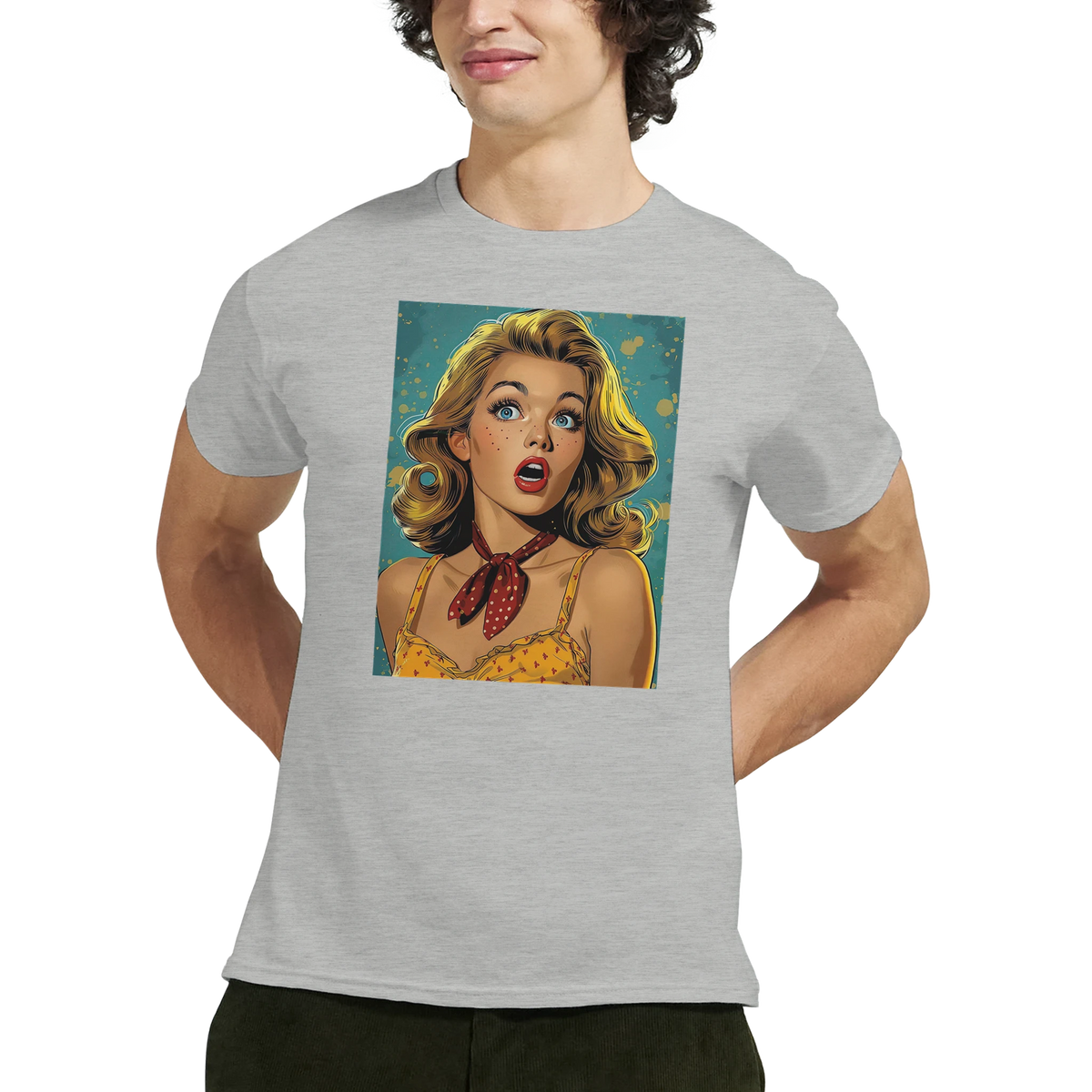 Man wearing a gray vintage pin-up graphic T‑shirt featuring a retro blonde pin-up illustration.