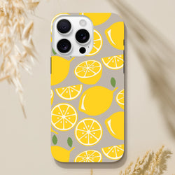 Cute yellow lemon tough iPhone case with durable drop guard. Citrus phone cover featuring bold lemon pattern for city life and street-ready style.