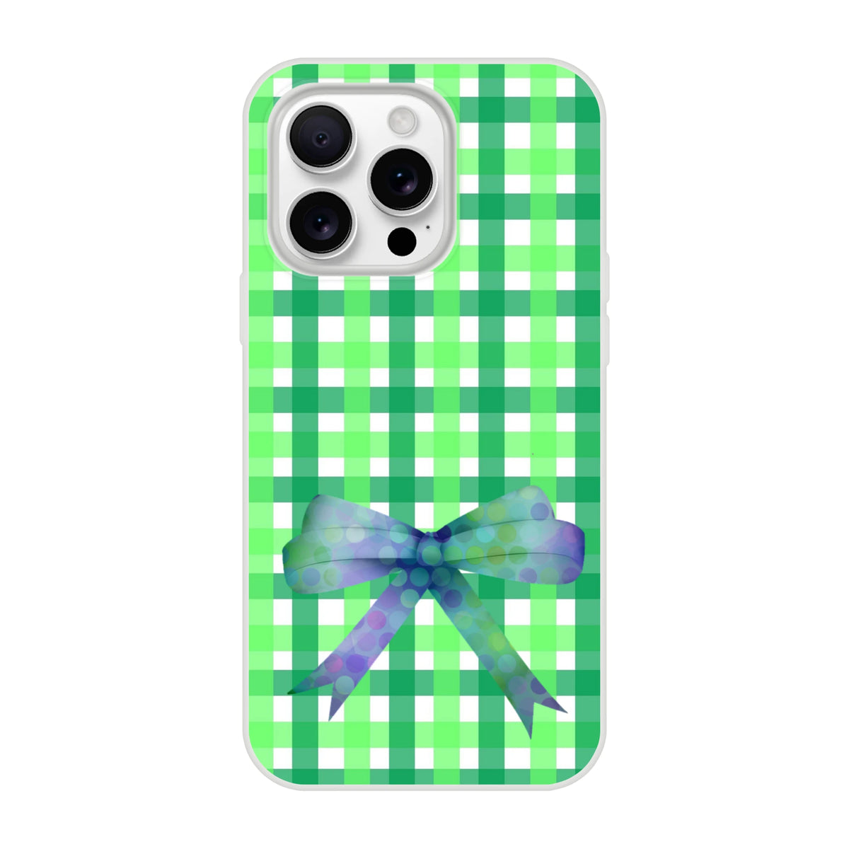 Green gingham bow iPhone case for 13-16 with frosty translucent TPU and a printed bow, cute coquette aesthetic