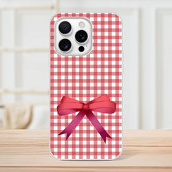 Red gingham bow iPhone case (13-16), slim protective cover with a bow motif in a cute coquette aesthetic.
