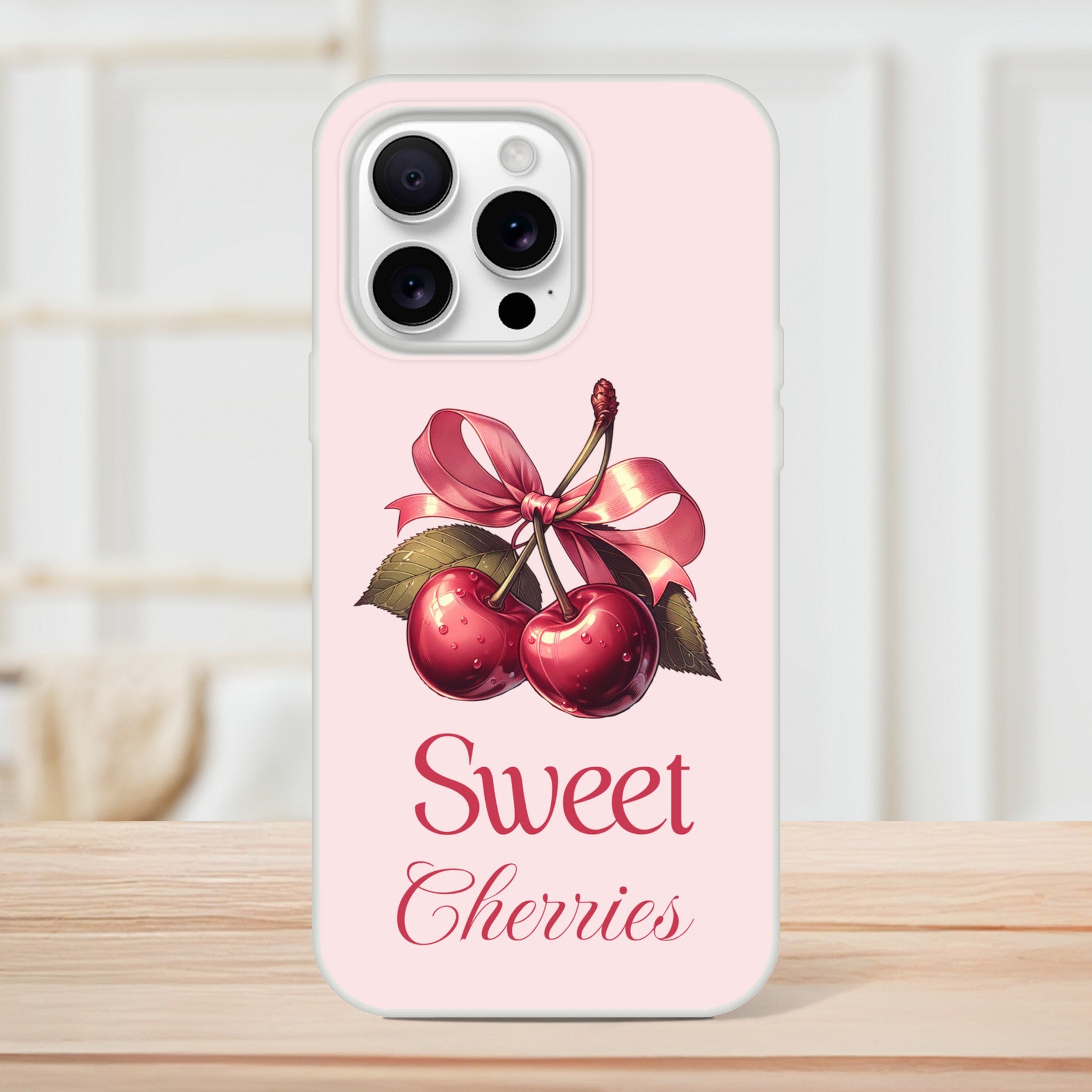 Cherries-themed iPhone case on pink background with two cherries, pink bow, and 'Sweet Cherries' text.