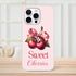 Cherries-themed iPhone case on pink background with two cherries, pink bow, and 'Sweet Cherries' text.