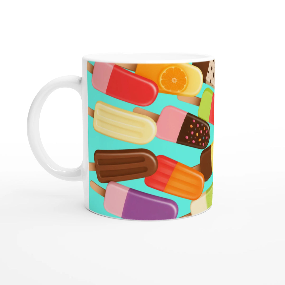 Retro ceramic mug featuring a colorful pattern of assorted popsicles and ice lollies on a turquoise background.