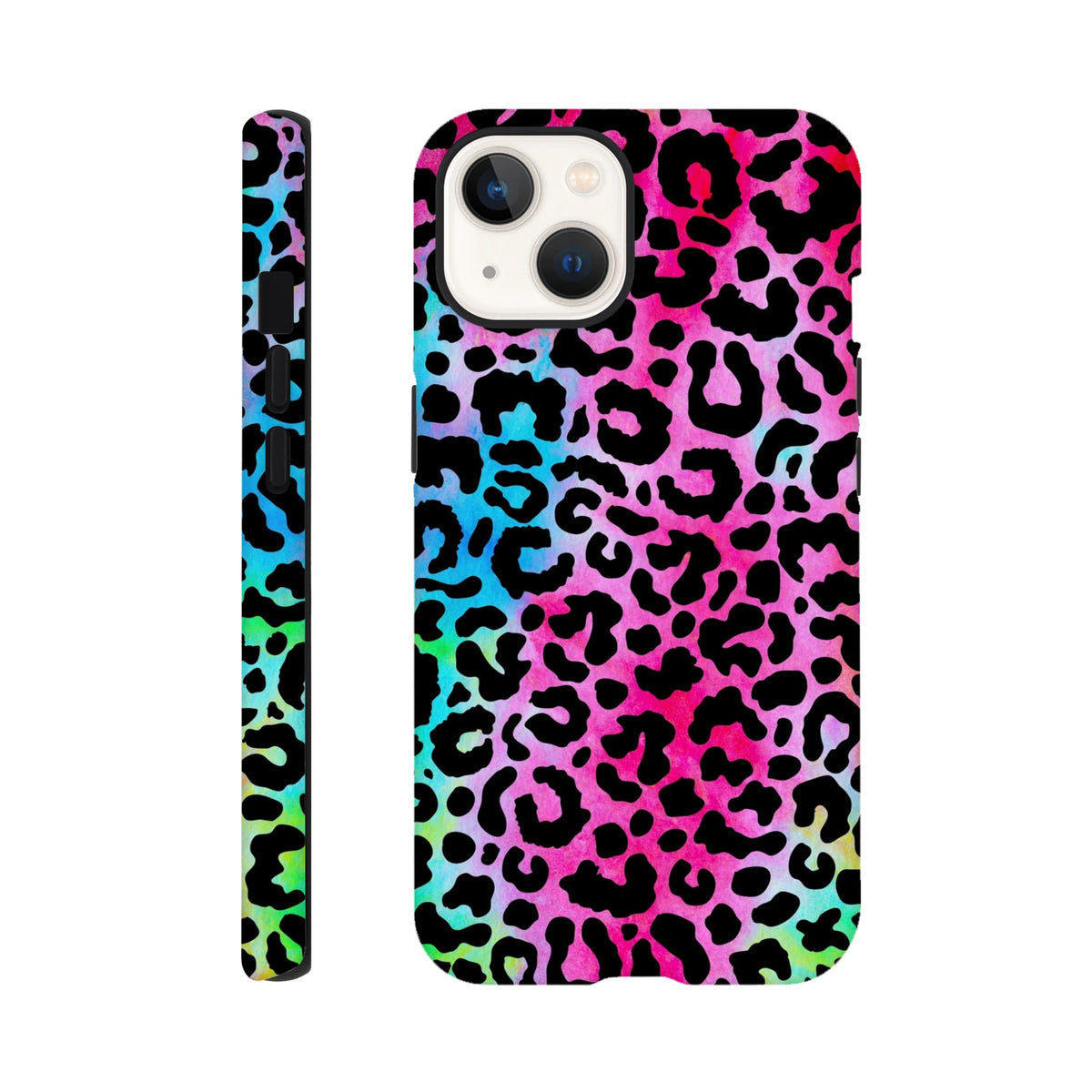 Vibrant rainbow leopard print tough iPhone case with bold animal print design providing drop protection and wireless charging access.