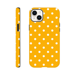 Orange and white polka dot tough iPhone case featuring a cute shock-absorbing design for models 13 through 16.