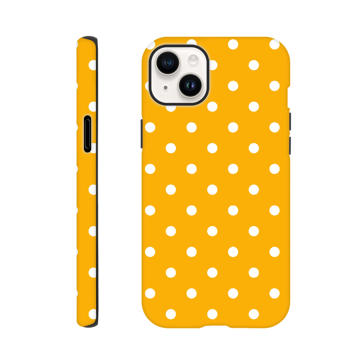 Orange and white polka dot tough iPhone case featuring a cute shock-absorbing design for models 13 through 16.