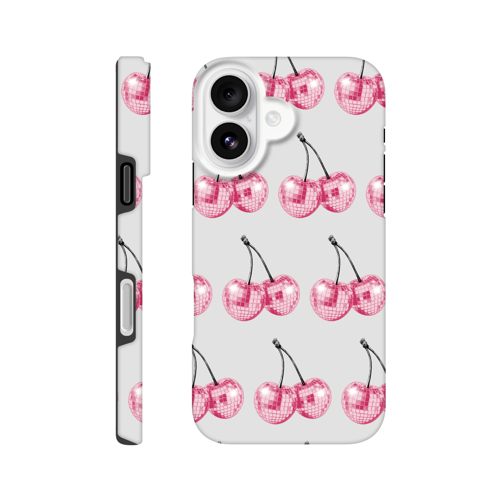 Glittery pink cherry-pattern tough dual-layer case for iPhone 16-13 with wraparound print.