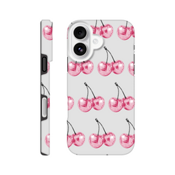Glittery pink cherry-pattern tough dual-layer case for iPhone 16-13 with wraparound print.