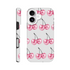 Glittery pink cherry-pattern tough dual-layer case for iPhone 16-13 with wraparound print.