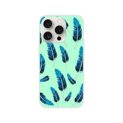 Mint-green iPhone case with blue feather motif for iPhone 13-16; matte, lightweight shell.